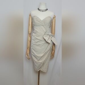 BCBG MaxAzria Beige Ruched Sweatheart Bow Cocktail Dress, Size 4